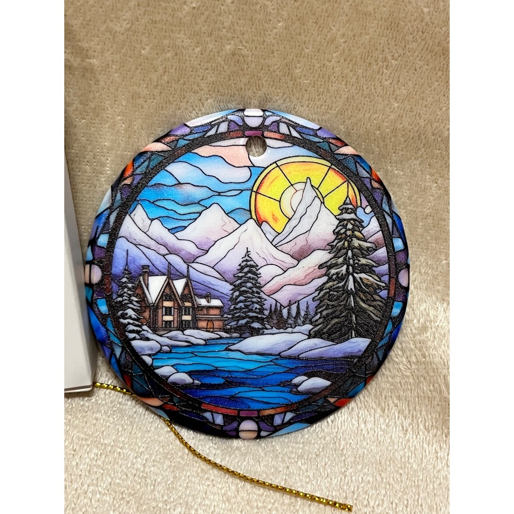 Stained Glass Style Winter Ceramic Christmas Tree Ornament 3"